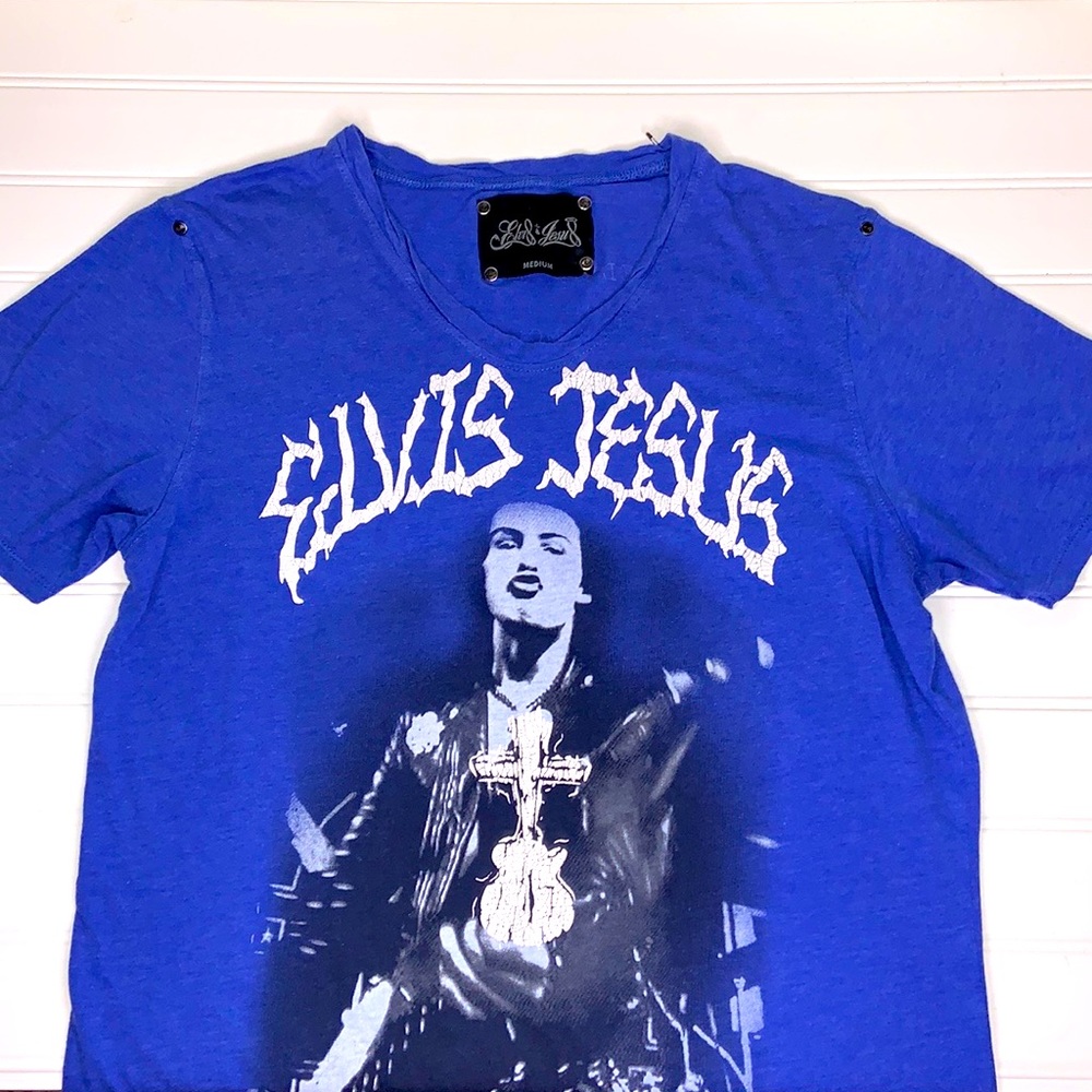 Elvis Jesus Alternative Rock n Roll Royal Blue Short Sleeve Knit Tee Shirt M